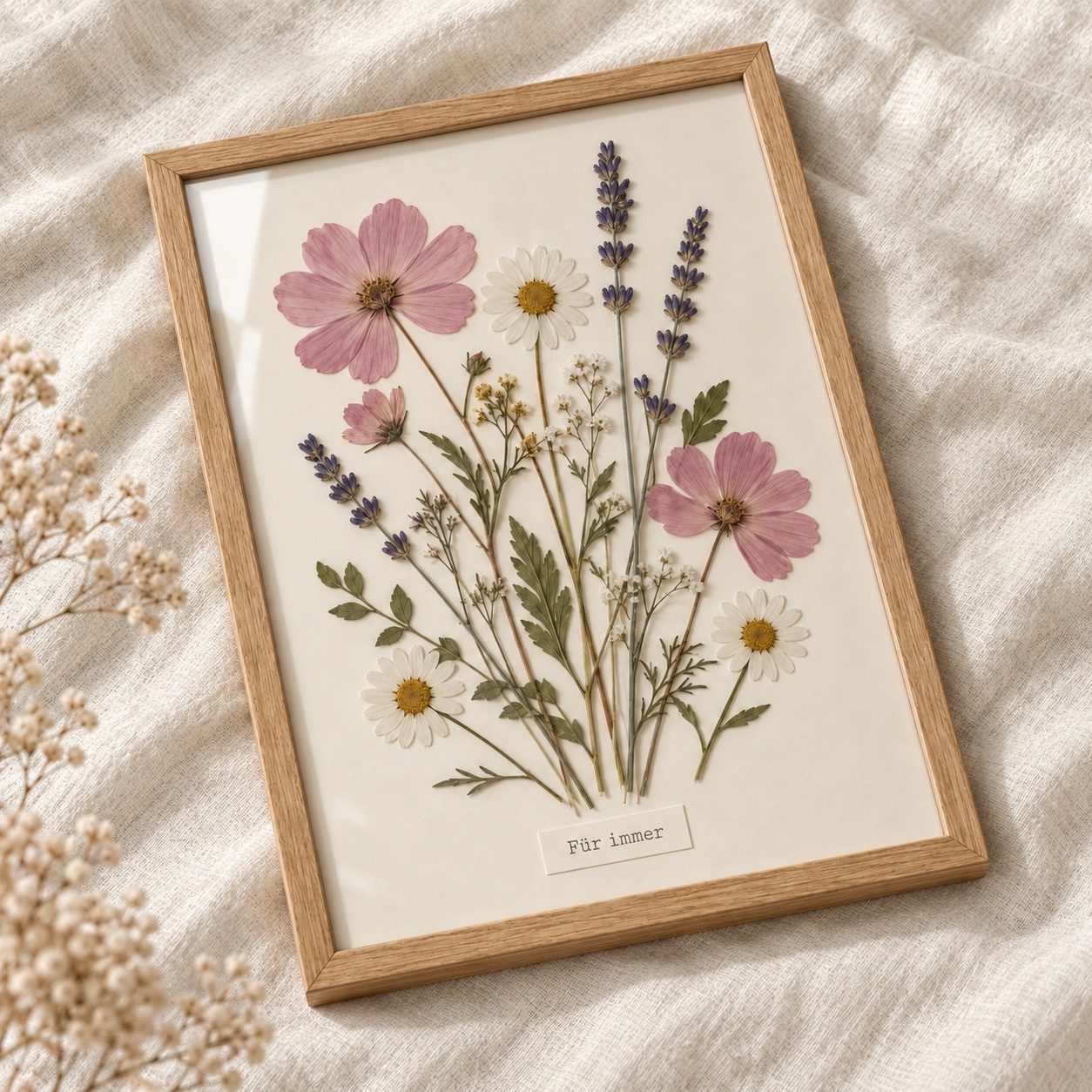 Trockenblumen-Rahmen »Ein Stück Sommer« – Ansicht 5 – Eichenrahmen mit heller Rückwand · A4, 21 × 29,7 cm