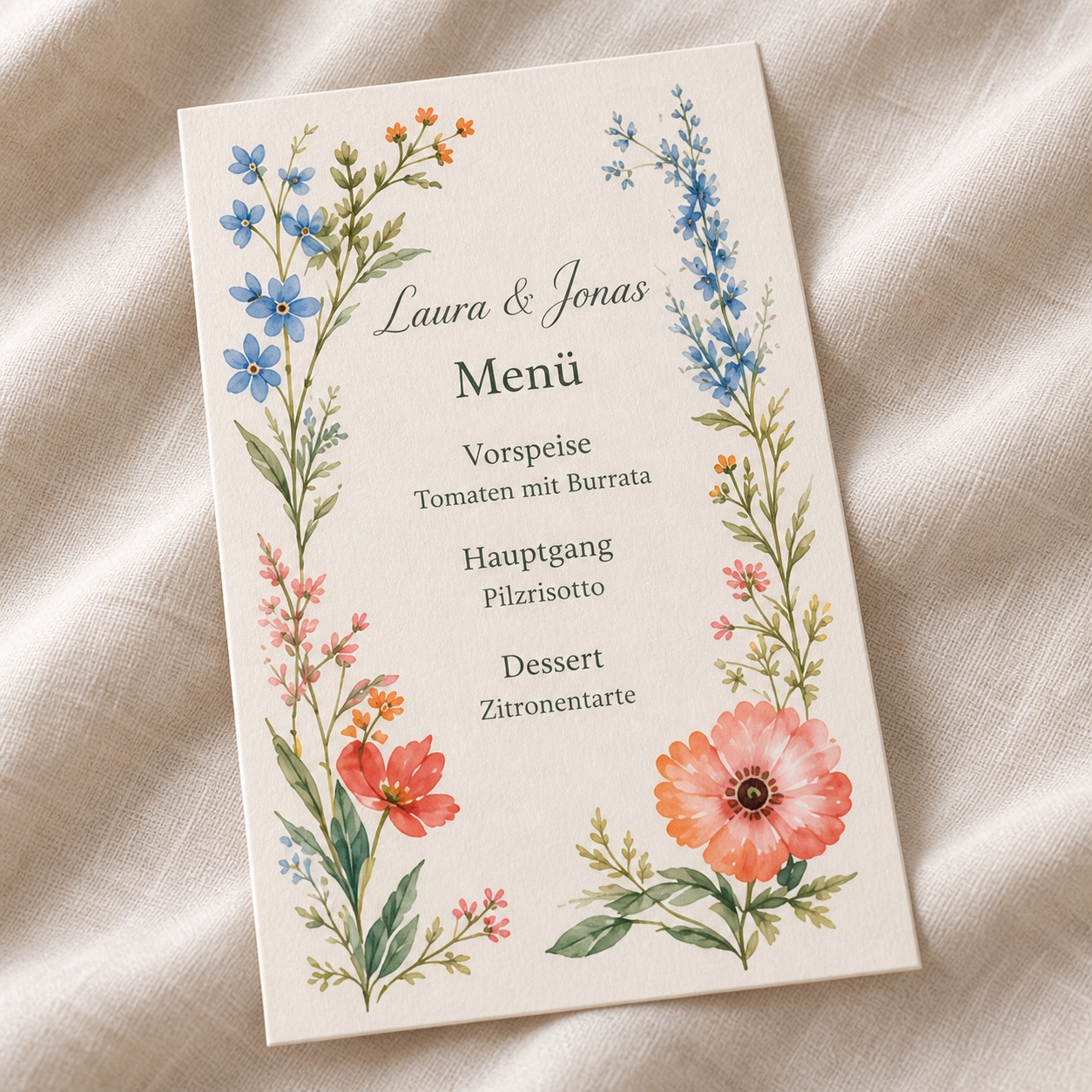 Aquarell-Menükarten »Sommerfest« mit beispielhafter Personalisierung